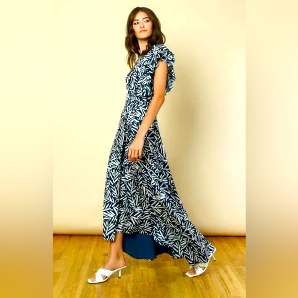 HUTCH Sz S Wrap Dress with Tie Bow Patterned High Low Ruffle Sleeves Lined Flowy
